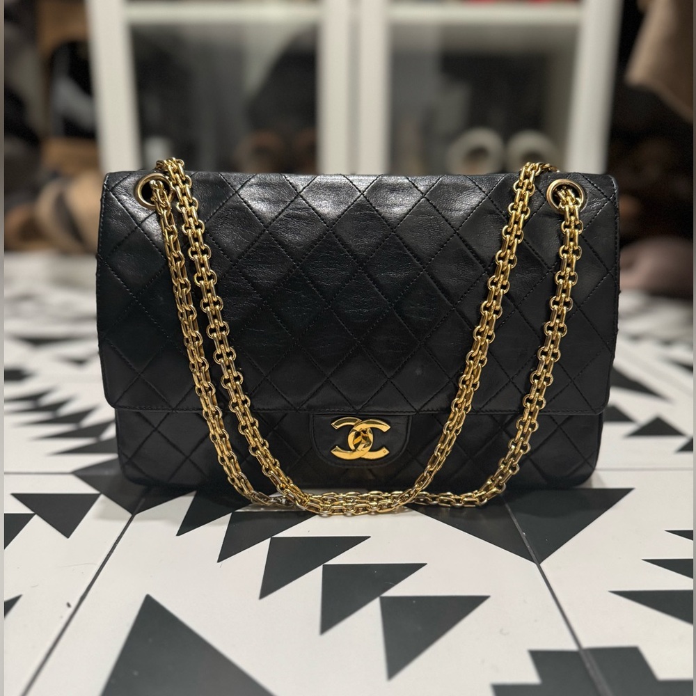 CHANEL Black Quilted Lambskin Shoulder Bag with 24k Gold Hardware